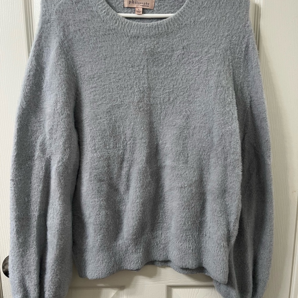 Philosophy Gray Crew Neck fuzzy Sweater with Ribbed Detailing